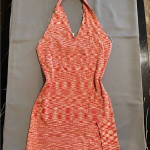 Fashion Nova Red and Cream Ribbed Halter Mini Dress